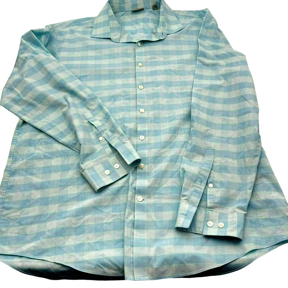 KENNETH COLE XL 17.5 34/35 Reaction Slim Fit Blue Checkered Long Sleeve‎ Shirt